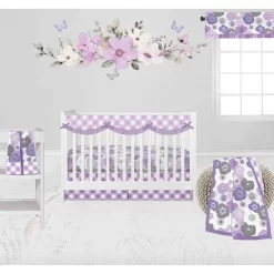 Bacati - Watercolor Floral Purple Gray 6 Pc Crib Bedding Set With Long Rail Guard Cover