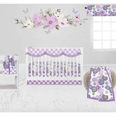 Bacati - Watercolor Floral Purple Gray 6 Pc Crib Bedding Set With Long Rail Guard Cover 3 Bacati - Watercolor Floral Purple Gray 6 Pc Crib Bedding Set With Long Rail Guard Cover