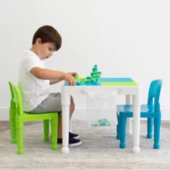 3pc Kids' 2 In 1 Square Activity Table With Chairs And 100pc Building Blocks White/Green/Blue - Humble Crew -Baby Products GUEST 2d6c55bb 10cd 4c13 8daf fe81bd5b7697