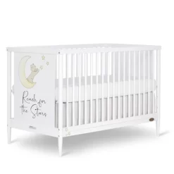 Dream On Me Moon Bear Reaching For The Stars 4 In 1 Modern Island Convertible Crib With Rounded Spindles Mural On One End Panel, White Finish