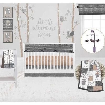 Bacati - Owls In The Woods Beige/Gray 10 Pc Crib Bedding Set With Long Rail Guard Cover 4 Bacati - Owls In The Woods Beige/Gray 10 Pc Crib Bedding Set With Long Rail Guard Cover - Image 2