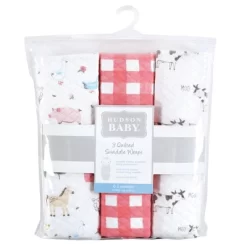 Hudson Baby Infant Girl Quilted Cotton Swaddle Wrap 3pk, Girl Farm Animals, 0-3 Months