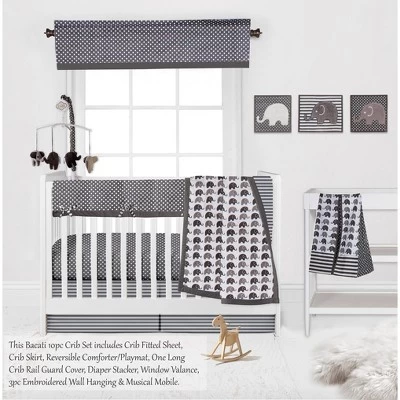 Bacati - Elephants White/Gray 10 Pc Crib Bedding Set With Long Rail Guard Cover 6 Bacati - Elephants White/Gray 10 Pc Crib Bedding Set With Long Rail Guard Cover - Image 4