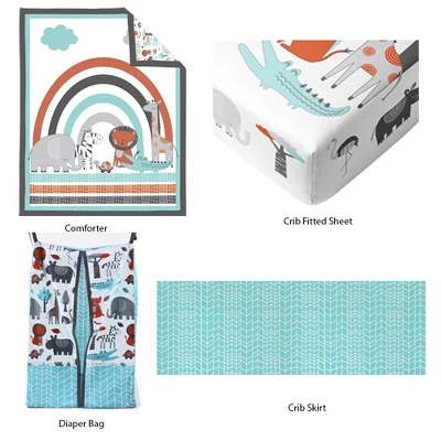 Bacati - Jungle Safari Aqua Orange Gray 4 Pc Cotton Crib Bedding Set With Diaper Caddy 9 Bacati - Jungle Safari Aqua Orange Gray 4 Pc Cotton Crib Bedding Set With Diaper Caddy - Image 7
