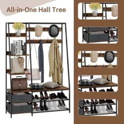 Tangkula 6-in-1 Freestanding Hall Tree Coat Rack W/ Bench & Fabric Dressers Rustic Brown -Baby Products GUEST 9ef6aa6e 7e24 4236 bc68 5a9d2ccac293