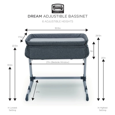Simmons Kids' Dream Bedside Baby Bassinet Sleeper With Breathable Mesh And Adjustable Heights - Lightweight Portable Crib - Gray 8 Simmons Kids' Dream Bedside Baby Bassinet Sleeper With Breathable Mesh And Adjustable Heights - Lightweight Portable Crib - Gray - Image 6