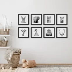 Set Of 8- 11x11 Gallery Square Framed Prints W/ Mats Decorative Wall Art Set - Black And White Jungle Nursery - Americanflat With Mat