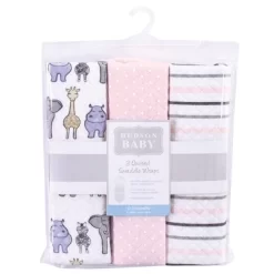 Hudson Baby Infant Girl Quilted Cotton Swaddle Wrap 3pk, Pink Safari, 0-3 Months